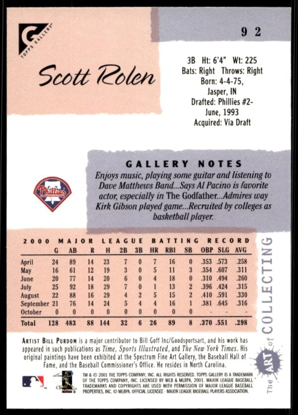 2001 Topps Gallery Scott Rolen #92 (Back)