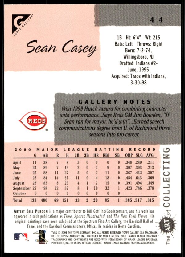 2001 Topps Gallery Sean Casey #44 (Back)