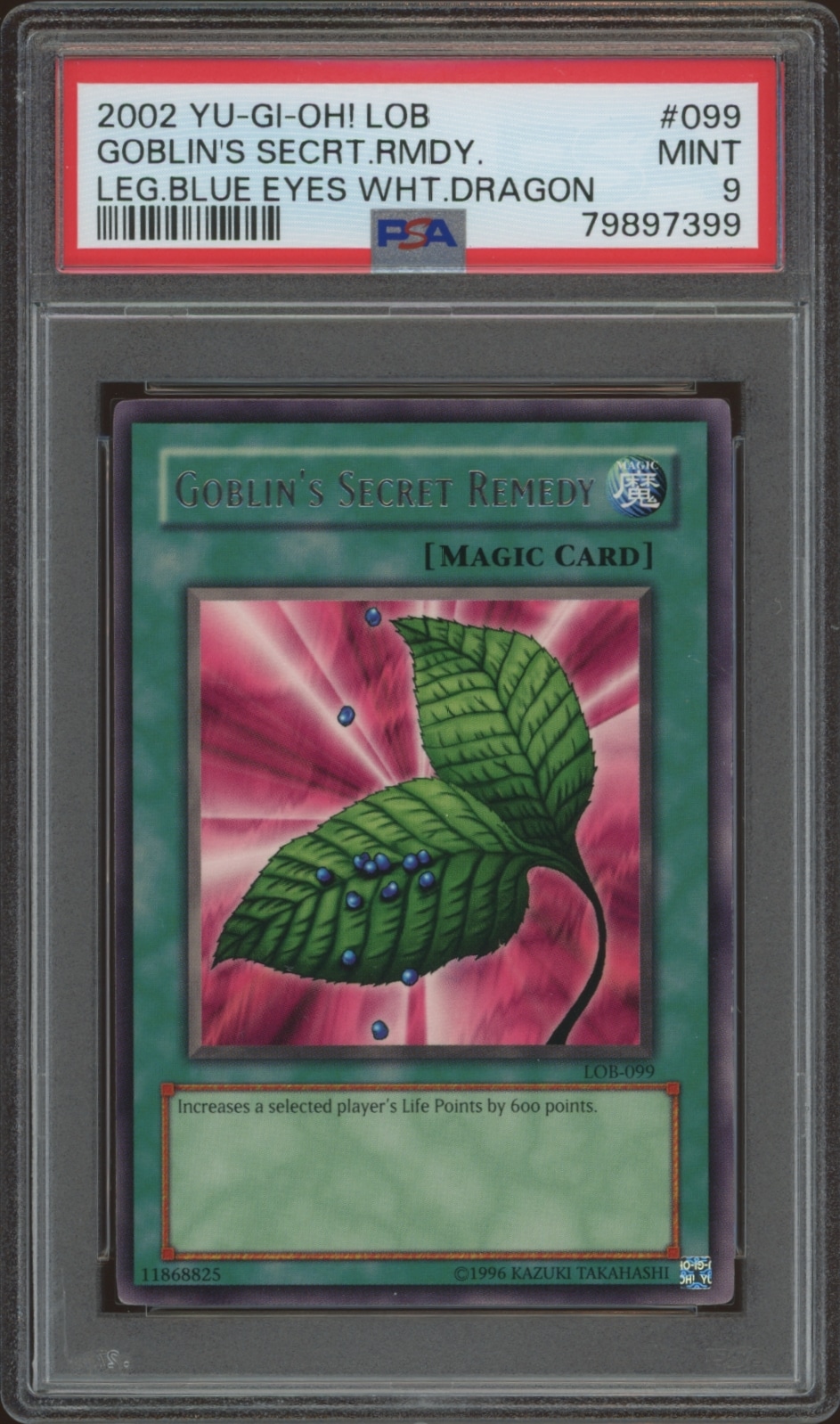 PSA-graded Yu-Gi-Oh! 2002 Goblins Secret Remedy card in mint condition.