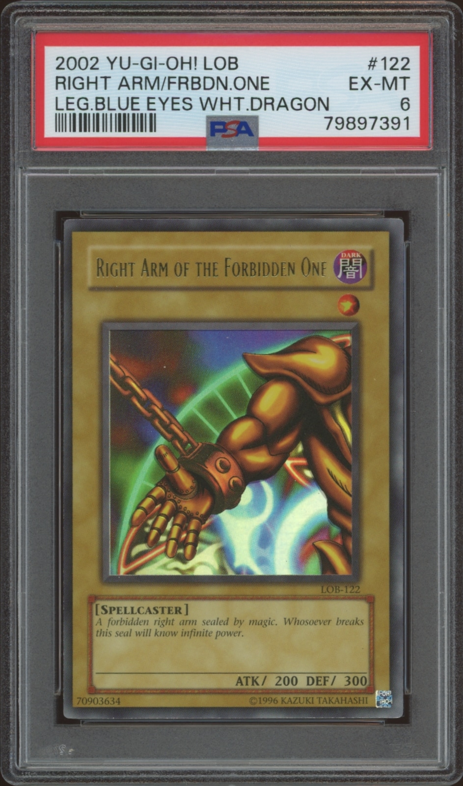 Yu-Gi-Oh! 2002 graded Right Arm of the Forbidden One card from Legend of Blue Eyes set.