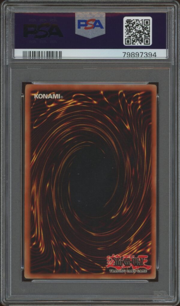 PSA-graded 2002 Yu-Gi-Oh! Rabid Horseman card in protective slab, back view.