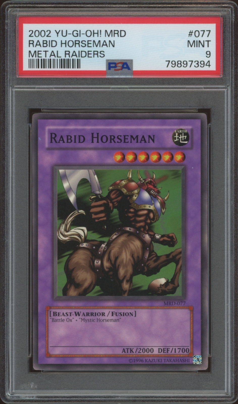 Graded 2002 Yu-Gi-Oh! Rabid Horseman trading card in mint condition with unique artwork.