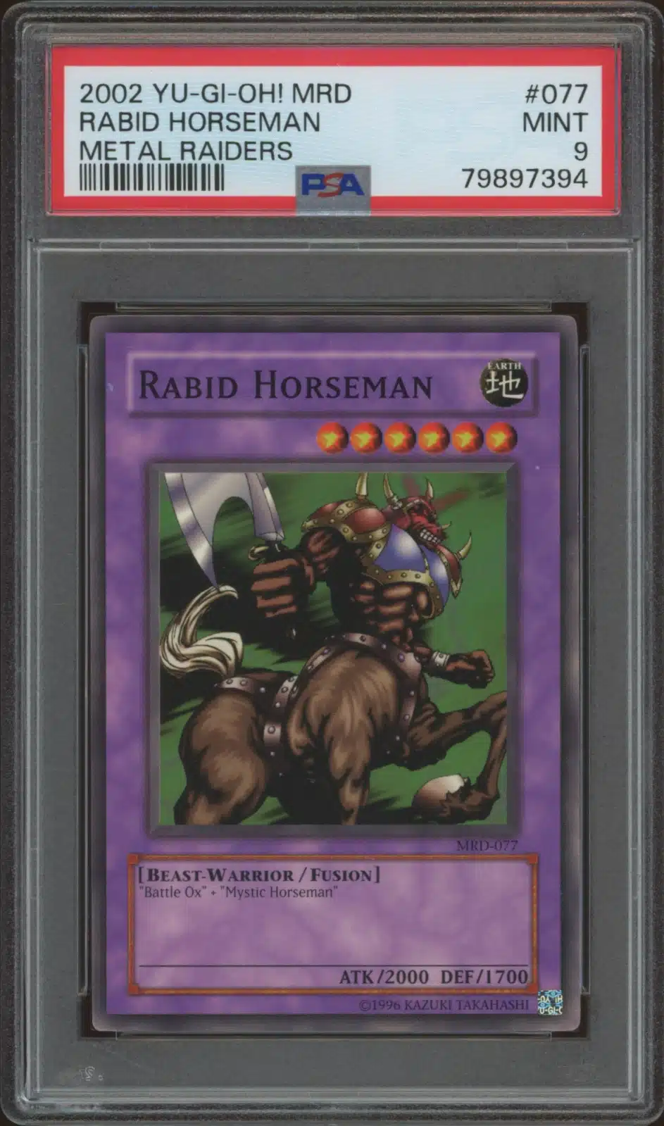 2002 Yu-Gi-Oh! Metal Raiders Rabid Horseman #MRD-077 (PSA 9) (Front)