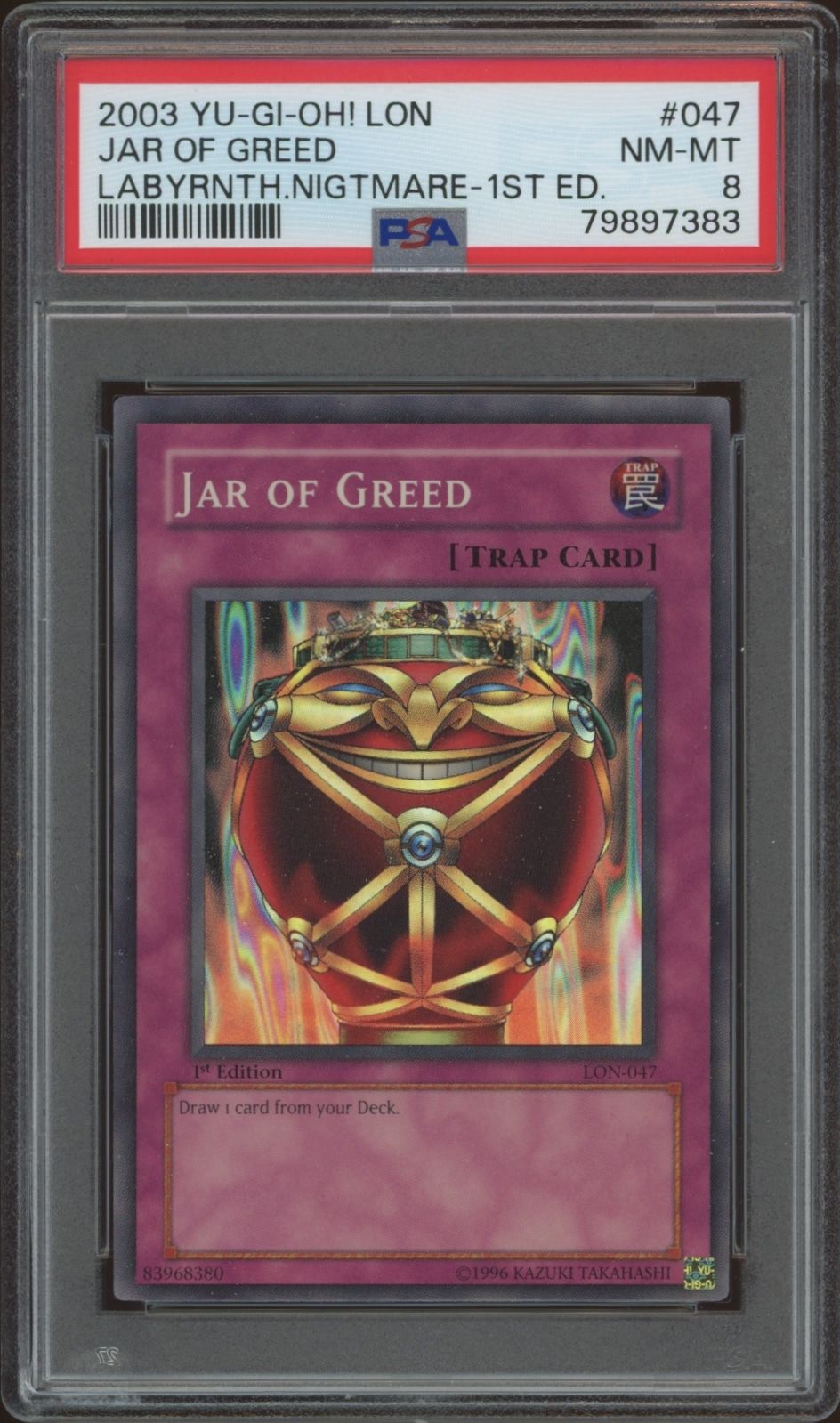 PSA-graded Yu-Gi-Oh! Jar of Greed card from 2003 Labyrinth of Nightmare 1st Edition set.