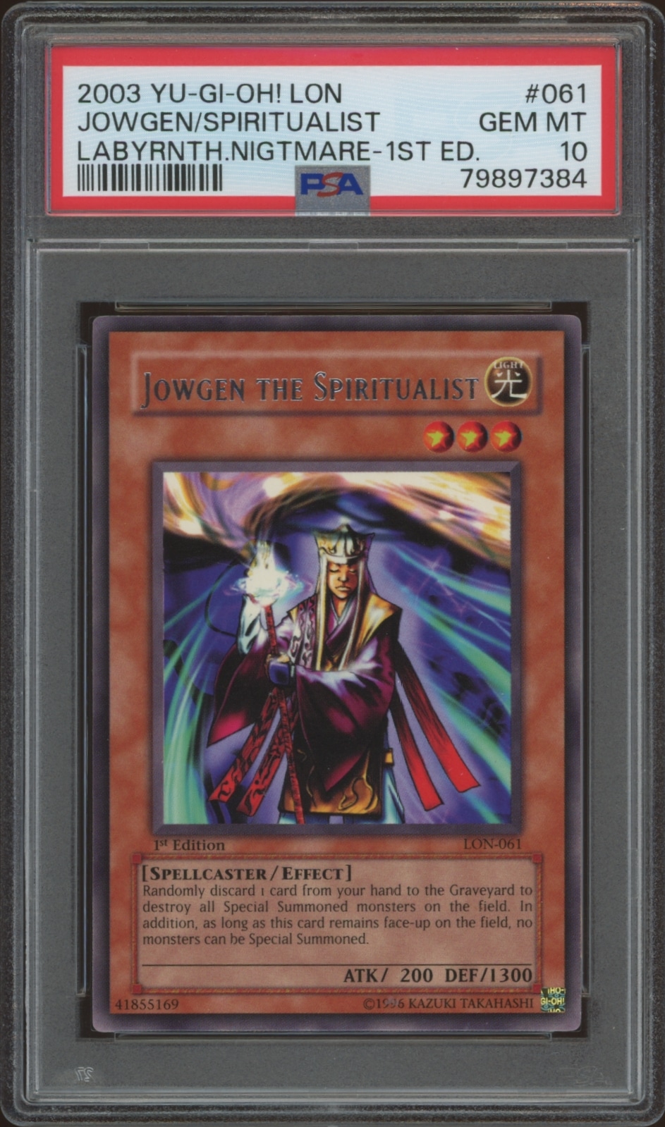 First Edition PSA 10 Jowgen the Spiritualist card from 2003 Yu-Gi-Oh! Labyrinth of Nightmare.