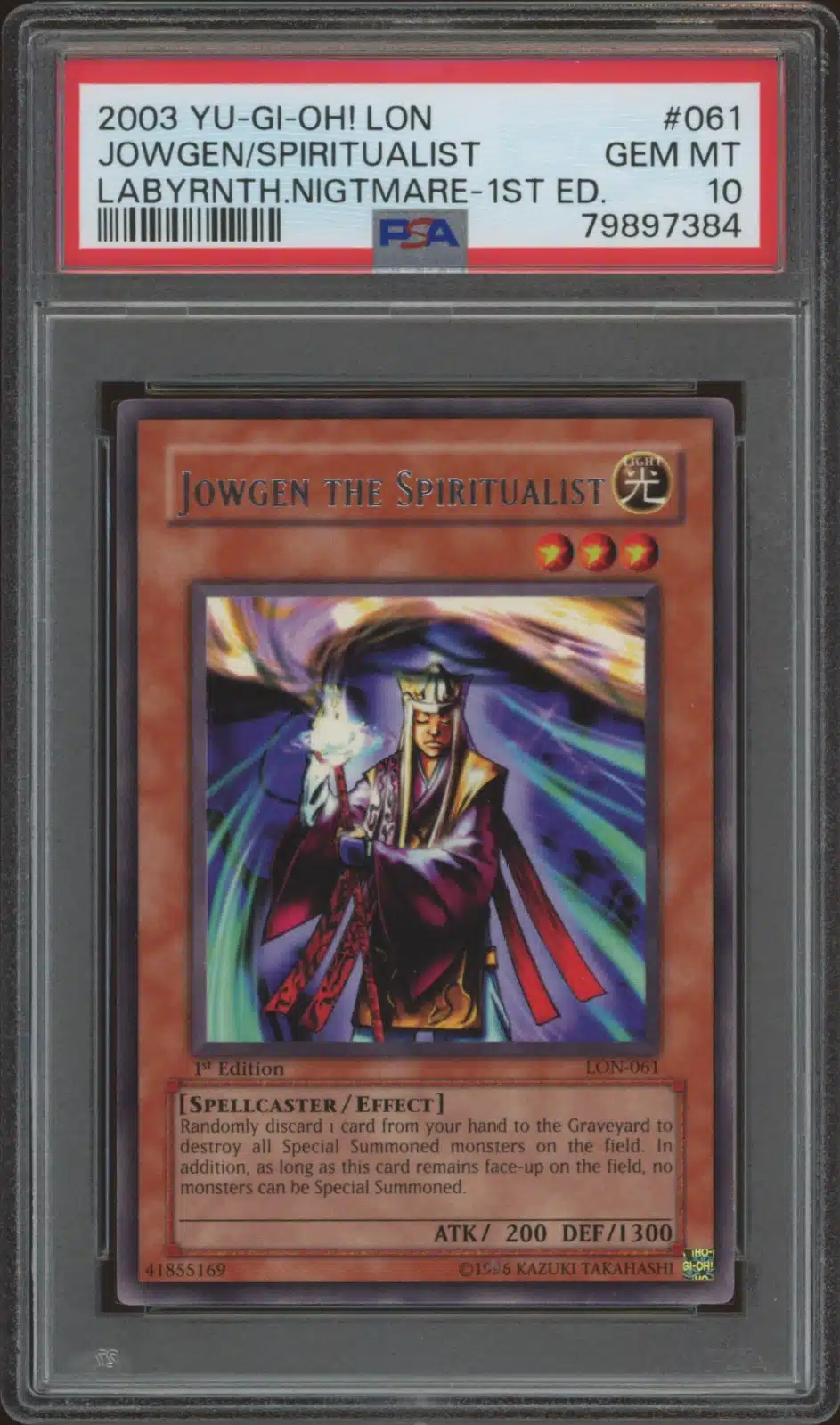 2003 Yu-Gi-Oh! Labyrinth of Nightmare (1st Edition) Jowgen the Spiritualist #LON-061 (PSA 10) (Front)