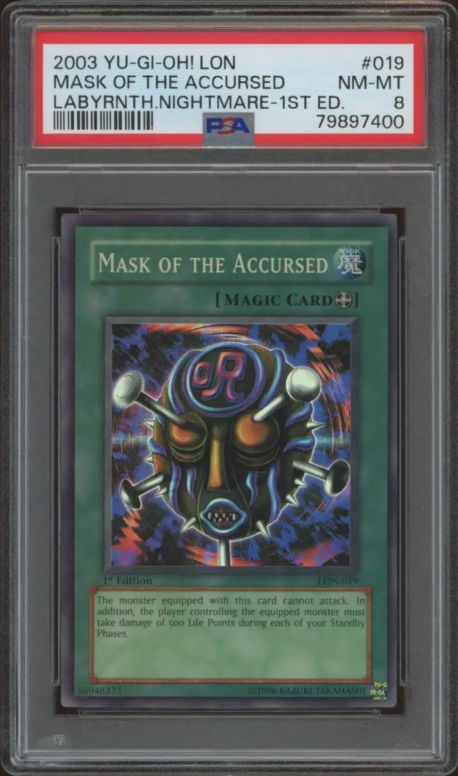 2003 Yu-Gi-Oh! Labyrinth of Nightmare (1st Edition) Mask of the Accursed #LON-019 (PSA 8) (Front)