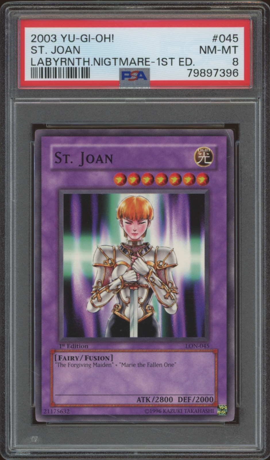 PSA-graded Yu-Gi-Oh! 2003 first edition St. Joan card from Labyrinth of Nightmare set.