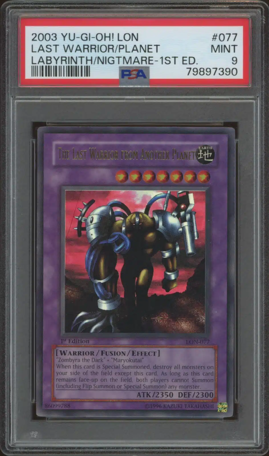 2003 Yu-Gi-Oh! Labyrinth of Nightmare (1st Edition) The Last Warrior From Another Planet #LON-077 (PSA 9) (Front)