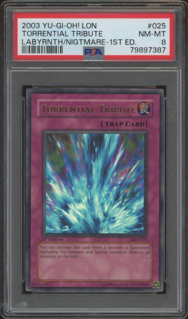 2003 Labyrinth of Nightmare Torrential Tribute Yu-Gi-Oh! card, PSA NM-MT 8 graded.