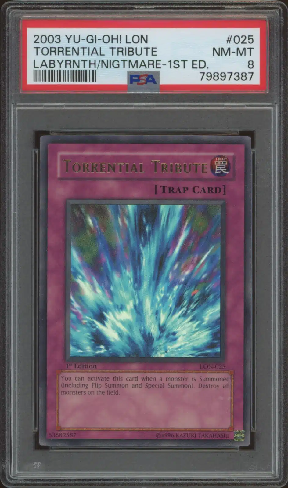 2003 Yu-Gi-Oh! Labyrinth of Nightmare (1st Edition) Torrential Tribute #LON-025 (PSA 8) (Front)