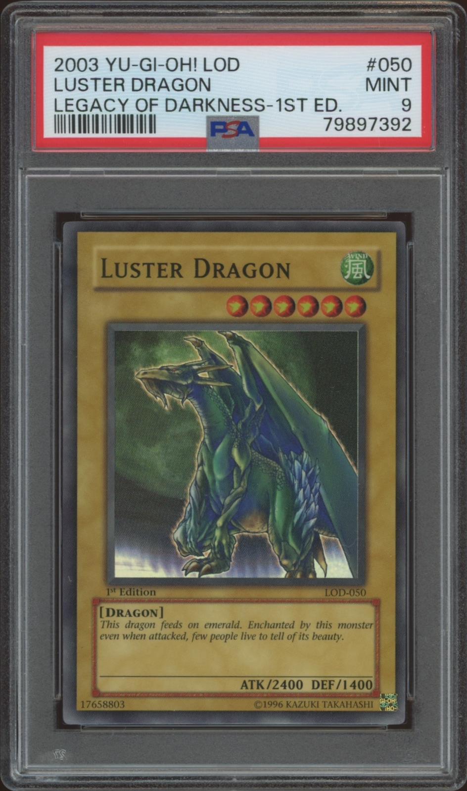Graded 1st Edition Yu-Gi-Oh! Luster Dragon card from Legacy of Darkness set, rated PSA 9 MINT.