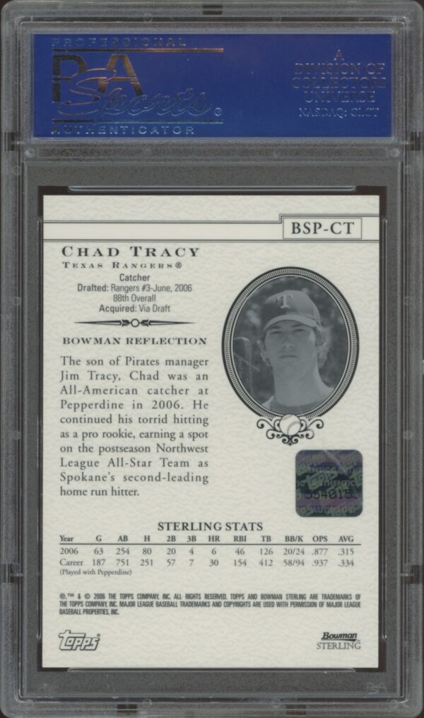 PSA-certified 2006 Bowman Sterling Chad Tracy autograph card with detailed career statistics.