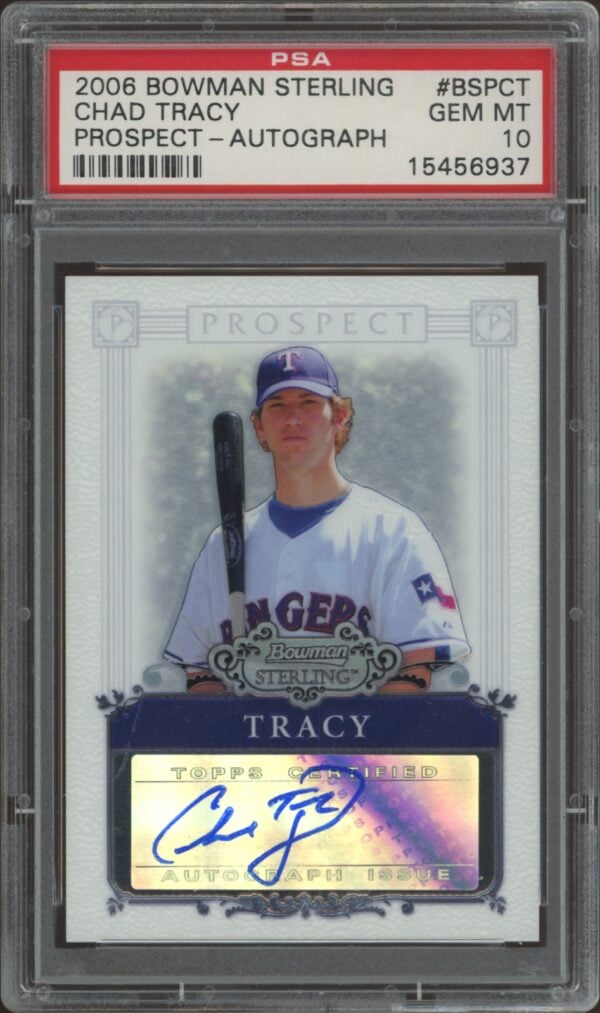 PSA-graded GEM MT 10, 2006 Bowman Sterling autographed card of baseball player Chad Tracy.