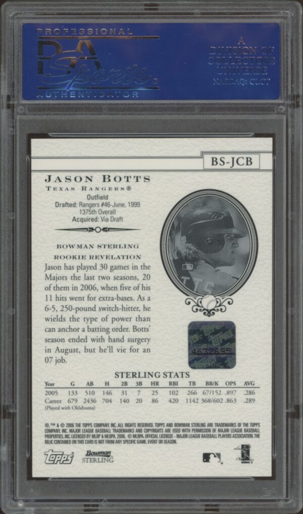 2006 Jason Botts Bowman Sterling baseball card, PSA graded, featuring stats and autograph.