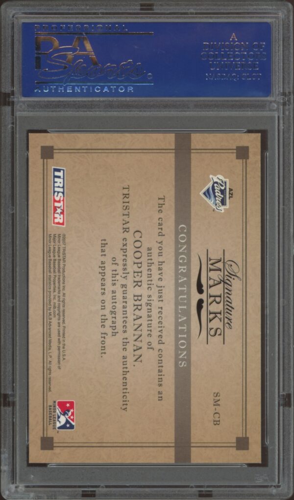 2007 TriStar Elegance Baseball Card, Cooper Brannan Auto Signature, PSA 10 Rated.