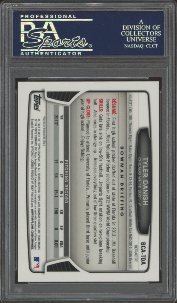 PSA-graded 2013 Bowman Chrome card of Tyler Danish, back view showcasing player stats.