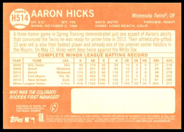 2013 Topps Heritage High Number Aaron Hicks #H514 (Back)