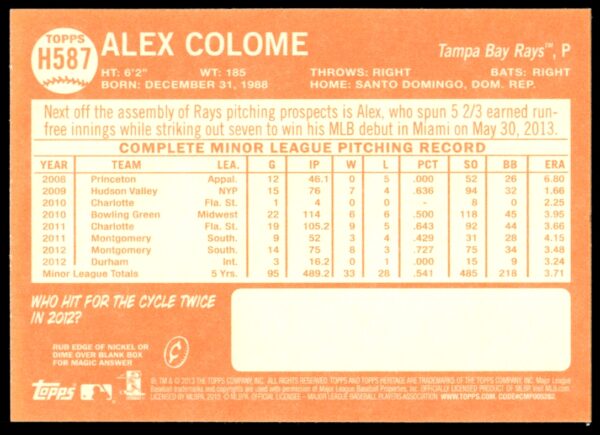 2013 Topps Heritage High Number Alex Colome #H587 (Back)