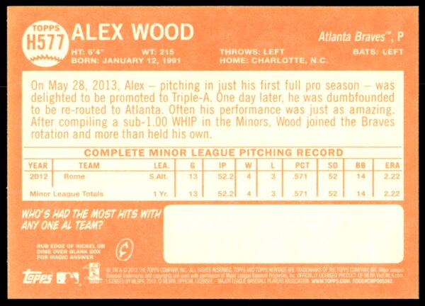 2013 Topps Heritage High Number Alex Wood #H577 (Back)