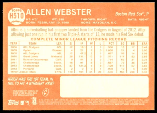 2013 Topps Heritage High Number Allen Webster #H510 (Back)