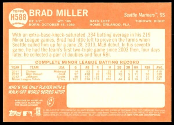 2013 Topps Heritage High Number Brad Miller #H588 (Back)