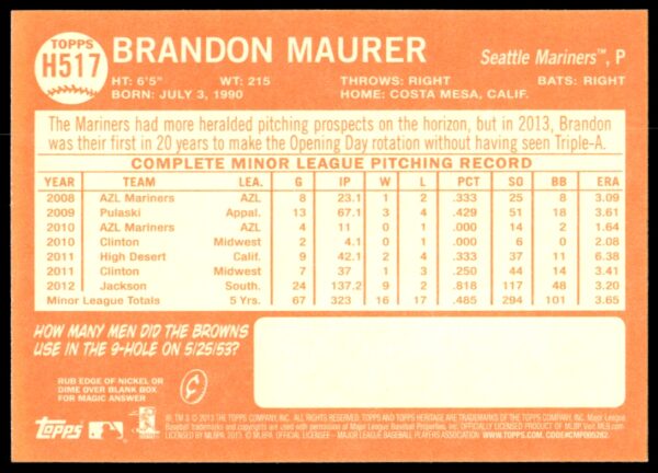 2013 Topps Heritage High Number Brandon Maurer #H517 (Back)