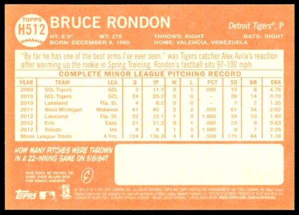 2013 Topps Heritage High Number Bruce Rondon #H512 (Back)