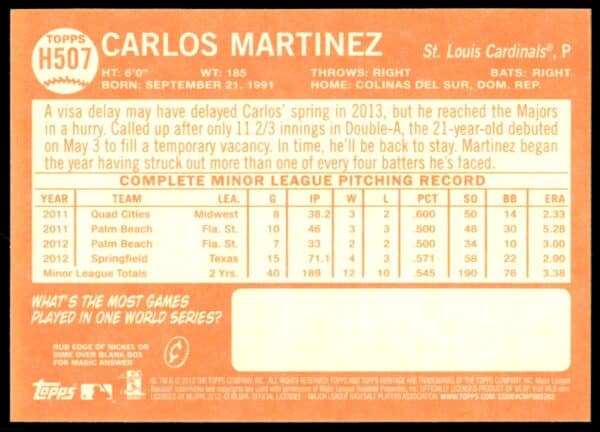 2013 Topps Heritage High Number Carlos Martinez #H507 (Back)