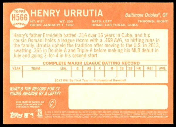 2013 Topps Heritage High Number Henry Urrutia #H566 (Back)