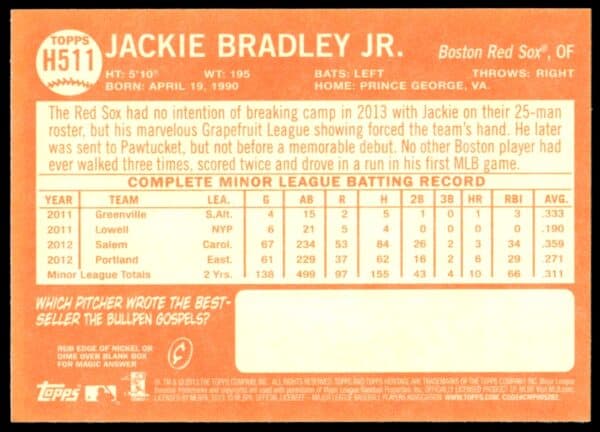 2013 Topps Heritage High Number Jackie Bradley Jr. #H511 (Back)