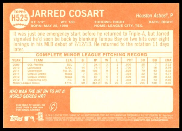 2013 Topps Heritage High Number Jarred Cosart #H525 (Back)