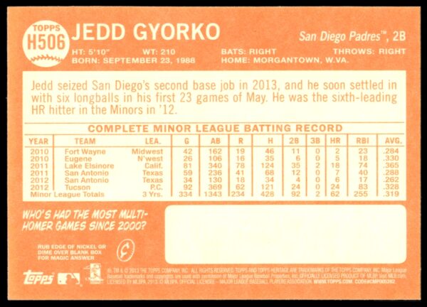 2013 Topps Heritage High Number Jedd Gyorko #H506 (Back)