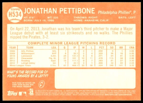 2013 Topps Heritage High Number Jonathan Pettibone #H534 (Back)