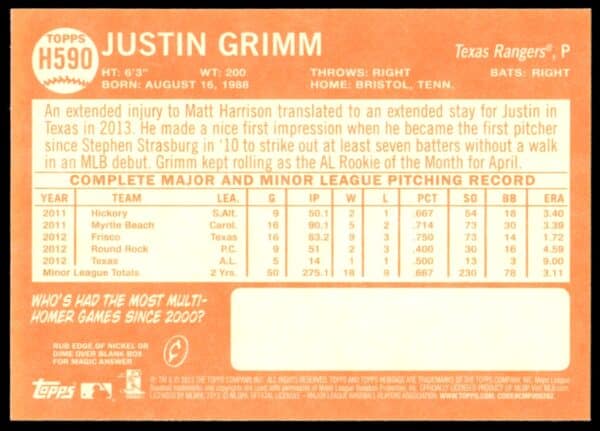 2013 Topps Heritage High Number Justin Grimm #H590 (Back)