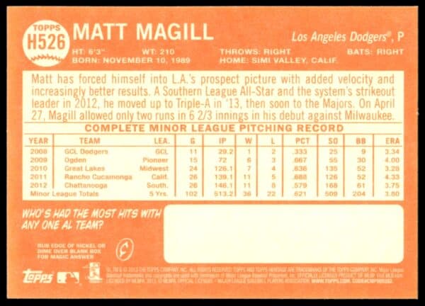 2013 Topps Heritage High Number Matt Magill #H526 (Back)