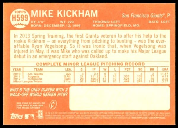 2013 Topps Heritage High Number Mike Kickham #H599 (Back)