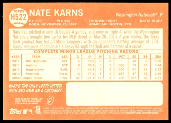 2013 Topps Heritage High Number Nate Karns #H522 (Back)