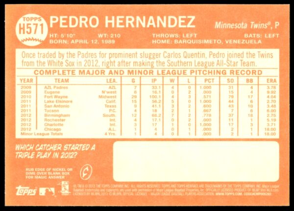 2013 Topps Heritage High Number Pedro Hernandez #H571 (Back)