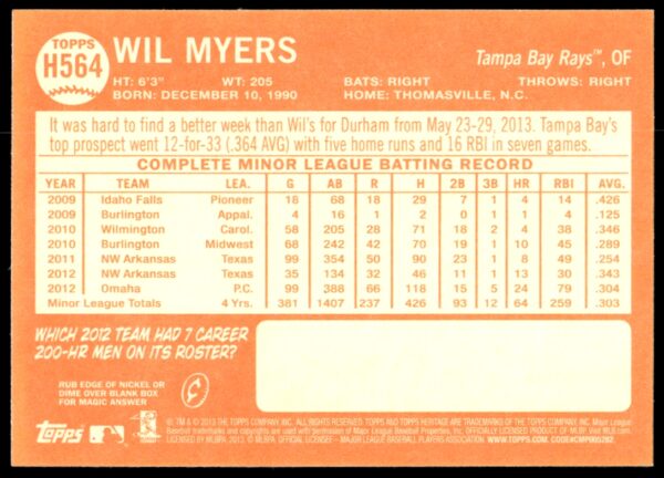 2013 Topps Heritage High Number Wil Myers #H564 (Back)