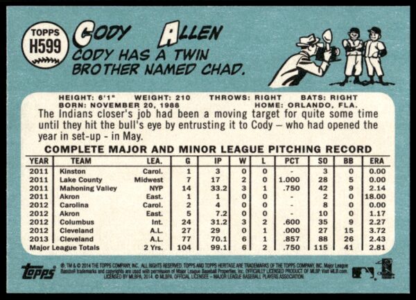 2014 Topps Heritage High Number Cody Allen #H599 (Back)