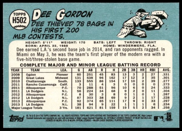 2014 Topps Heritage High Number Dee Gordon #H502 (Back)