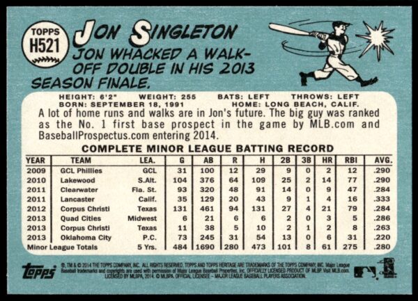 2014 Topps Heritage High Number Jon Singleton #H521 (Back)