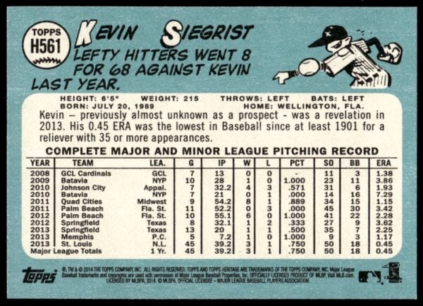 2014 Topps Heritage High Number Kevin Siegrist #H561 (Back)