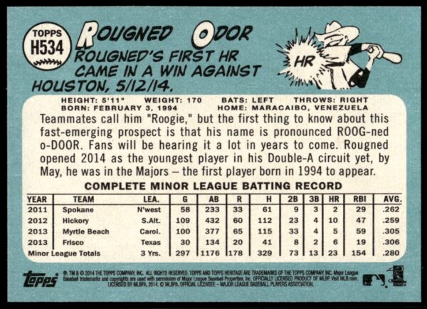 2014 Topps Heritage High Number Rougned Odor #H534 (Back)