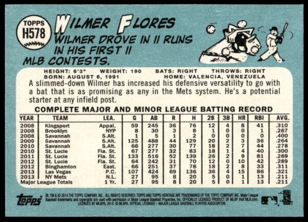 2014 Topps Heritage High Number Wilmer Flores #H578 (Back)