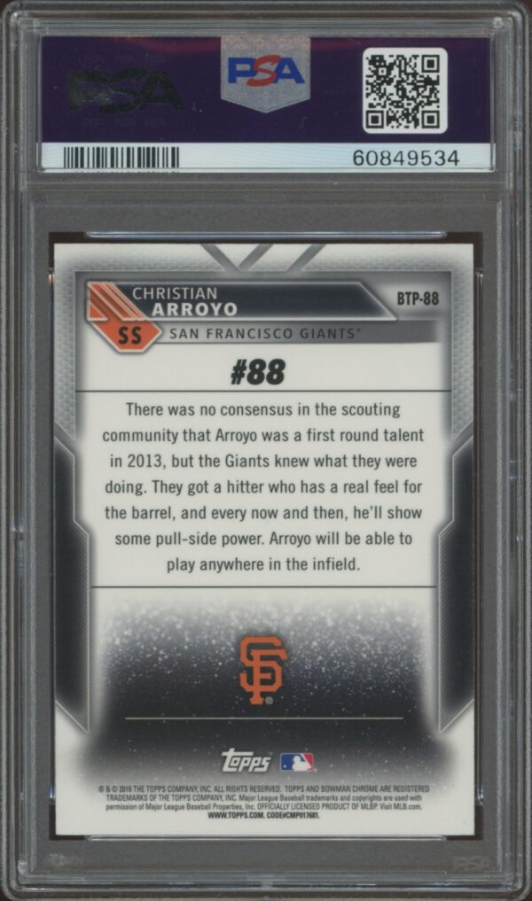 Back of a 2016 Christian Arroyo Bowman card, graded 9 by PSA, featuring Giants logo.