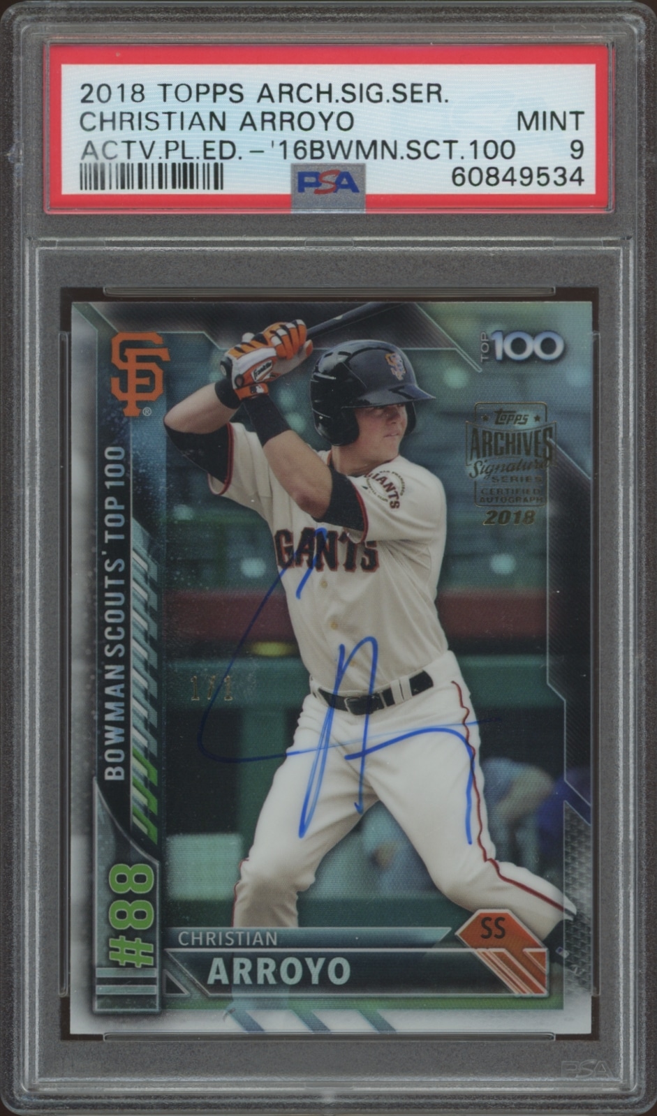 Christian Arroyos 2016 Bowman Scouts Top 100 signed card, graded MINT 9 by PSA.