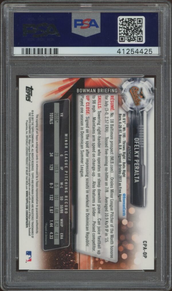 PSA 10 graded 2017 Bowman Chrome Autograph Card of baseball prospect Ofelky Peralta.