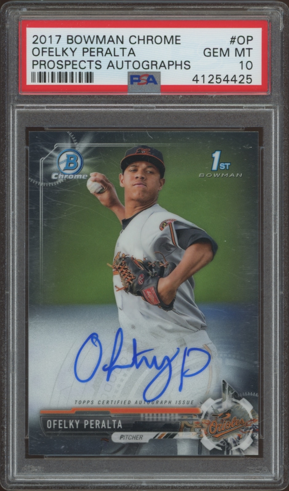 2017 Bowman Chrome card, Ofelky Peralta in action, autograph, PSA 10 grading.